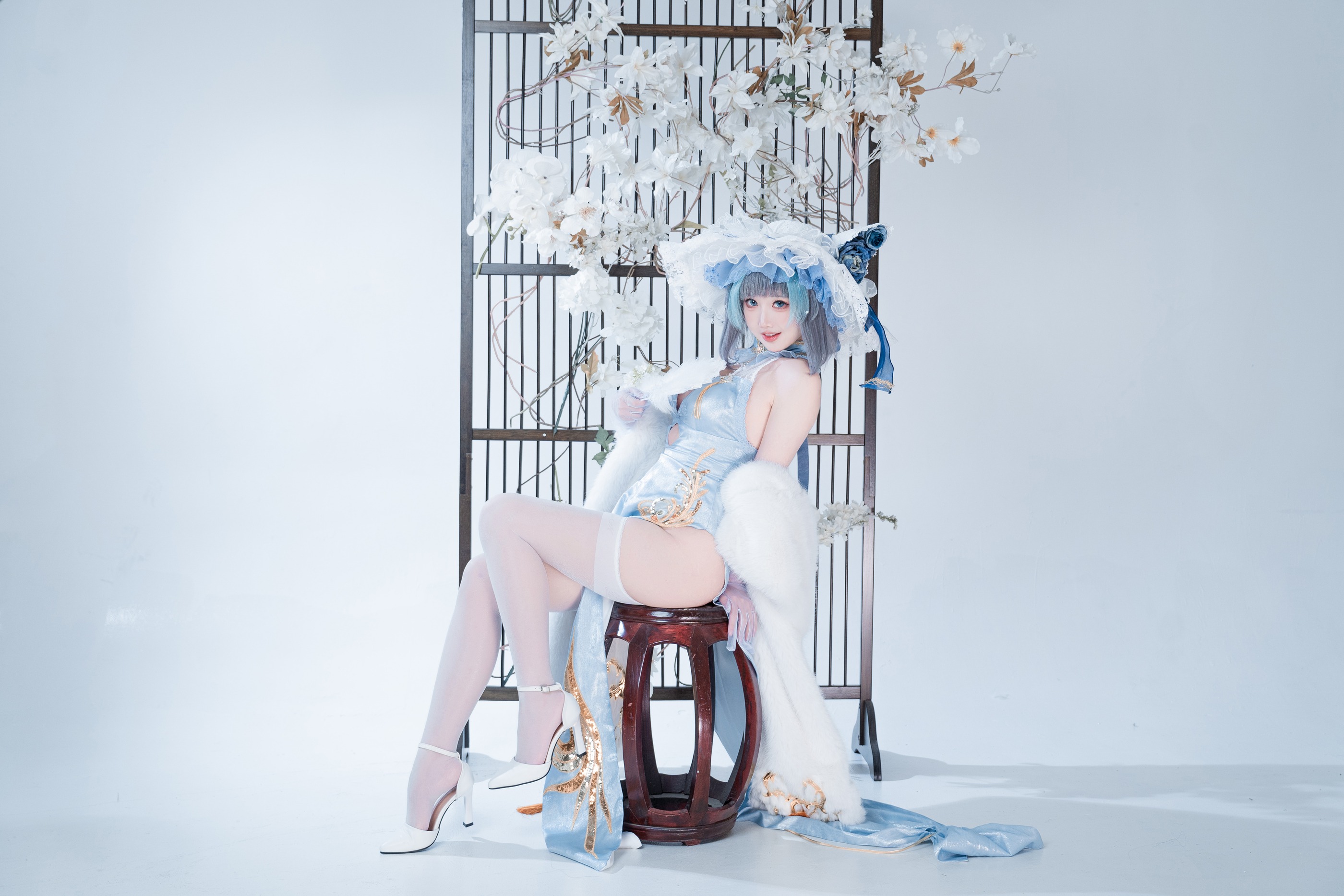 图片[1]-面饼仙儿 – NO.160 柴郡 猫猫 蓝旗袍 [40P]-XikXak